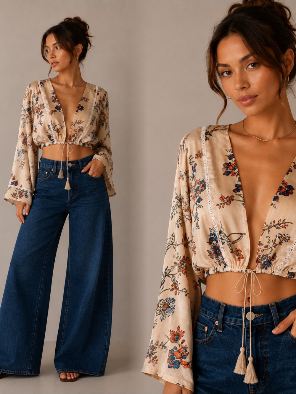 Floral Tie-Front Crop Blouse - Beige